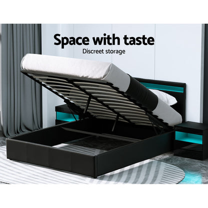 Artiss Cole LED Gas Lift Bed Frame Queen Black with Storage 300kg
