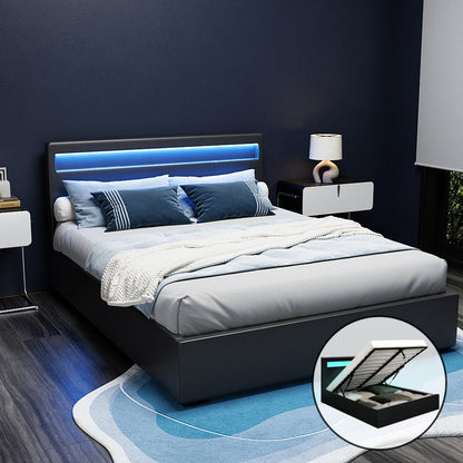 Artiss Cole LED Gas Lift Bed Frame Queen Black with Storage 300kg