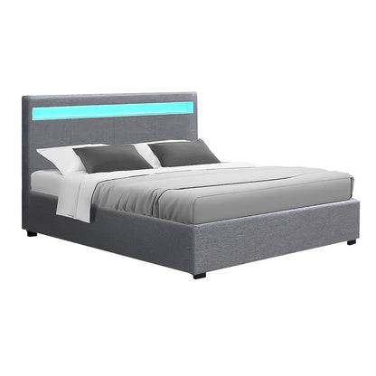 Artiss Cole LED Gas Lift Bed Frame Queen Grey with Storage 300kg