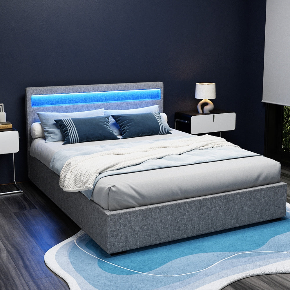 Artiss Cole LED Gas Lift Bed Frame Queen Grey with Storage 300kg