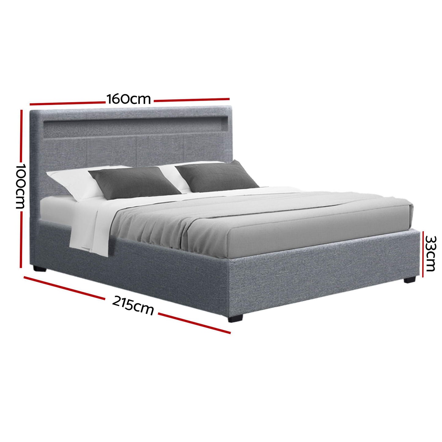 Artiss Cole LED Gas Lift Bed Frame Queen Grey with Storage 300kg