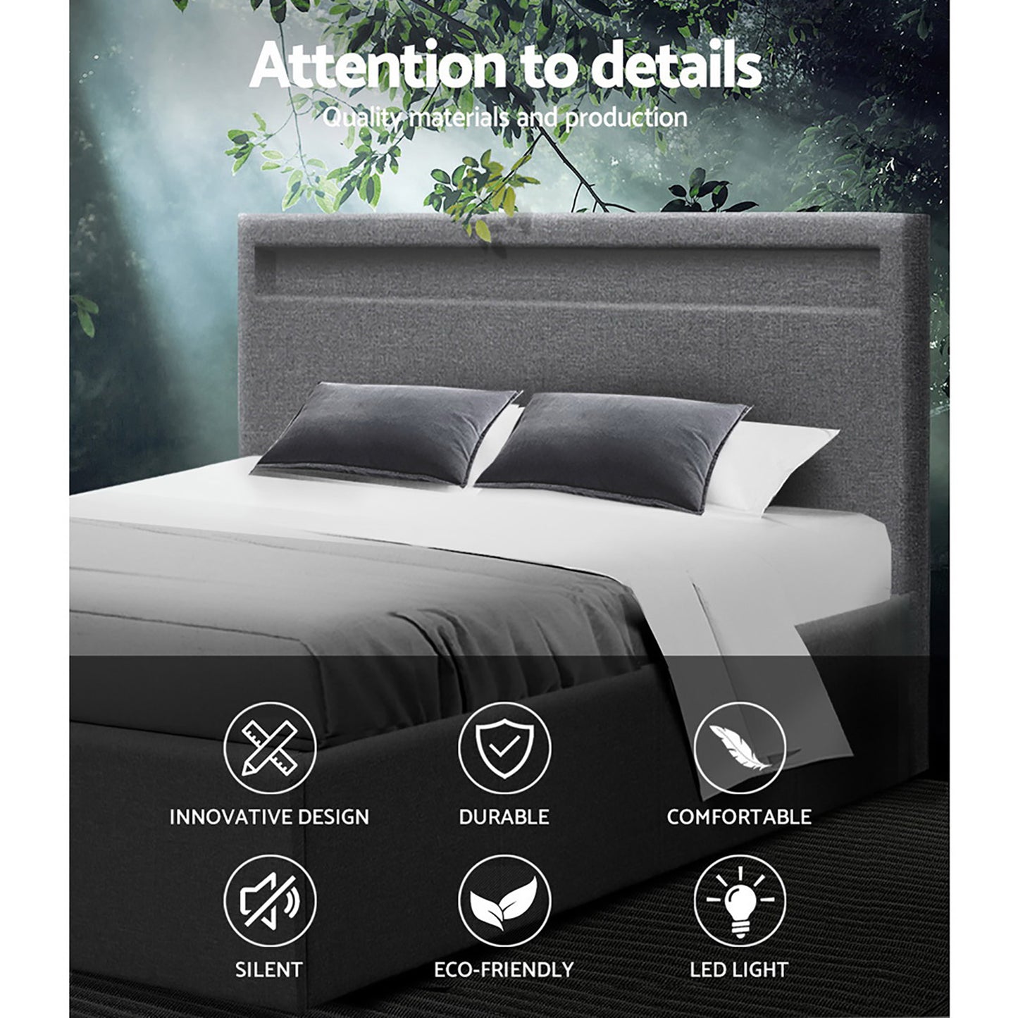 Artiss Cole LED Gas Lift Bed Frame Queen Grey with Storage 300kg
