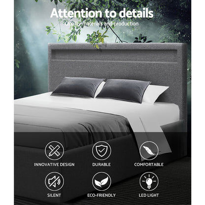 Artiss Cole LED Gas Lift Bed Frame Queen Grey with Storage 300kg