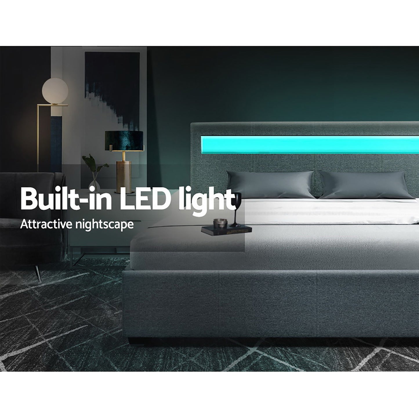 Artiss Cole LED Gas Lift Bed Frame Queen Grey with Storage 300kg