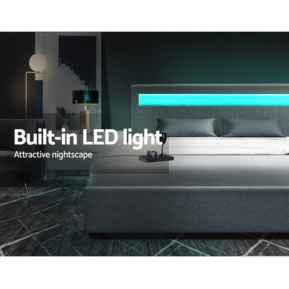 Artiss Cole LED Gas Lift Bed Frame Queen Grey with Storage 300kg