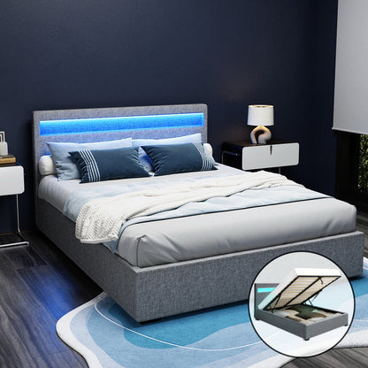 Artiss Cole LED Gas Lift Bed Frame Queen Grey with Storage 300kg