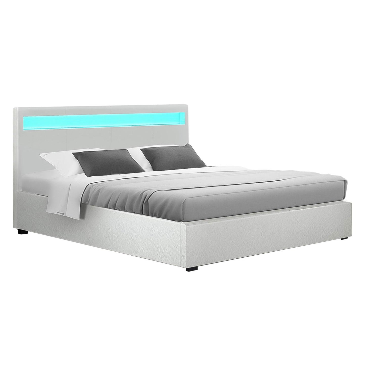 Artiss Cole LED Gas Lift Bed Frame Queen White with Storage 300kg