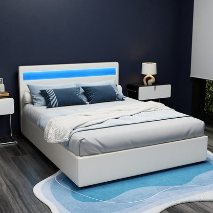 Artiss Cole LED Gas Lift Bed Frame Queen White with Storage 300kg