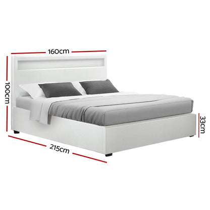 Artiss Cole LED Gas Lift Bed Frame Queen White with Storage 300kg