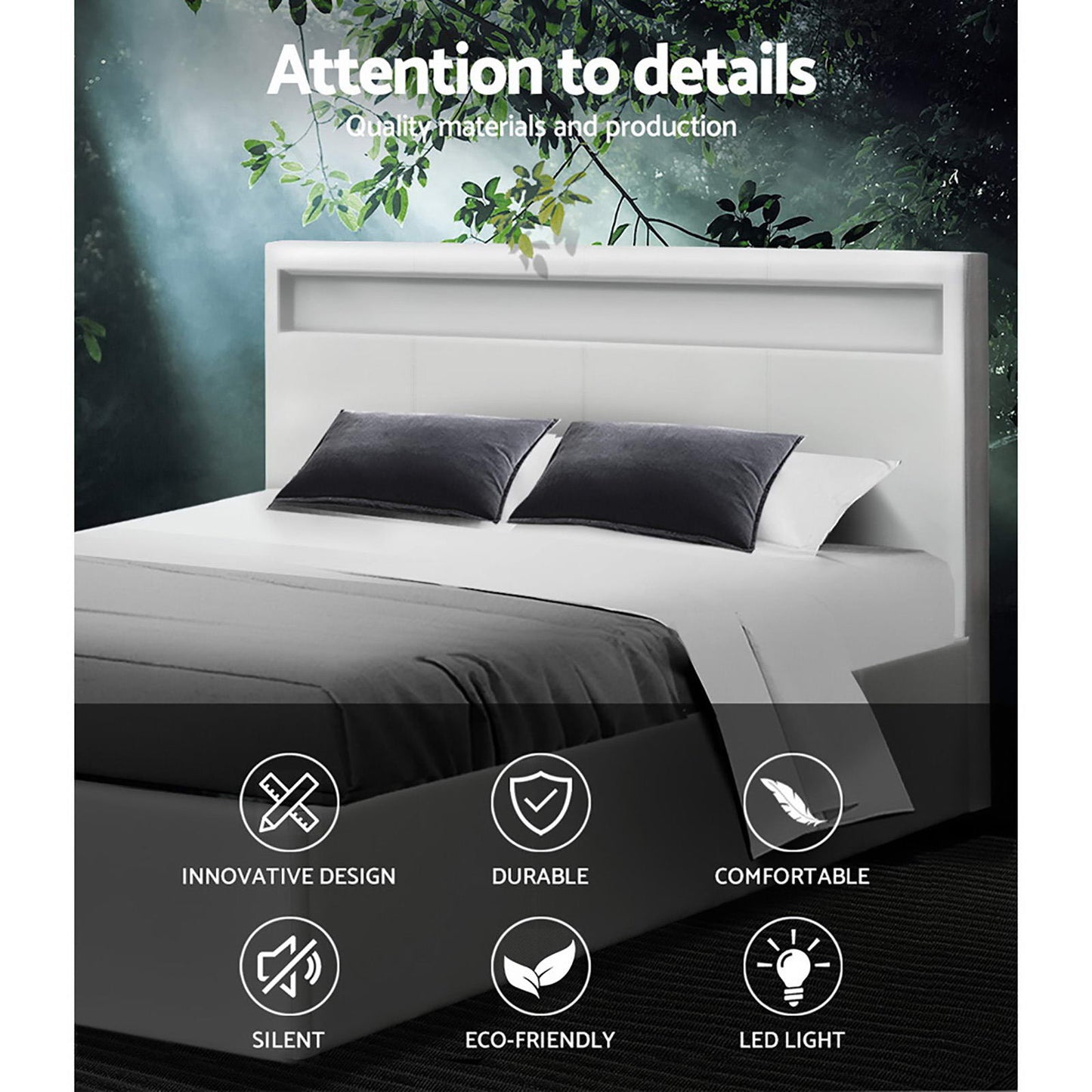 Artiss Cole LED Gas Lift Bed Frame Queen White with Storage 300kg