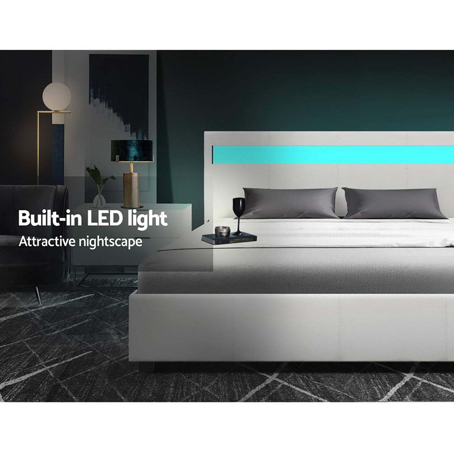 Artiss Cole LED Gas Lift Bed Frame Queen White with Storage 300kg
