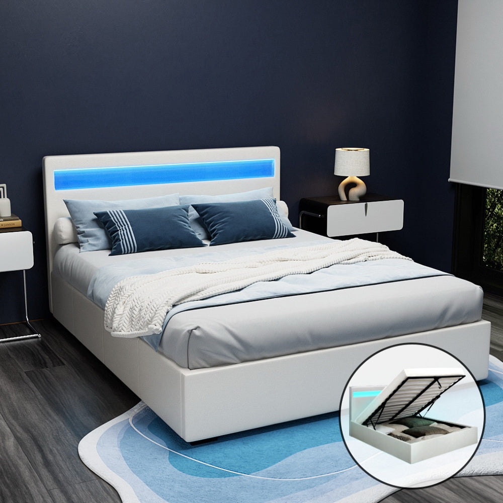 Artiss Cole LED Gas Lift Bed Frame Queen White with Storage 300kg