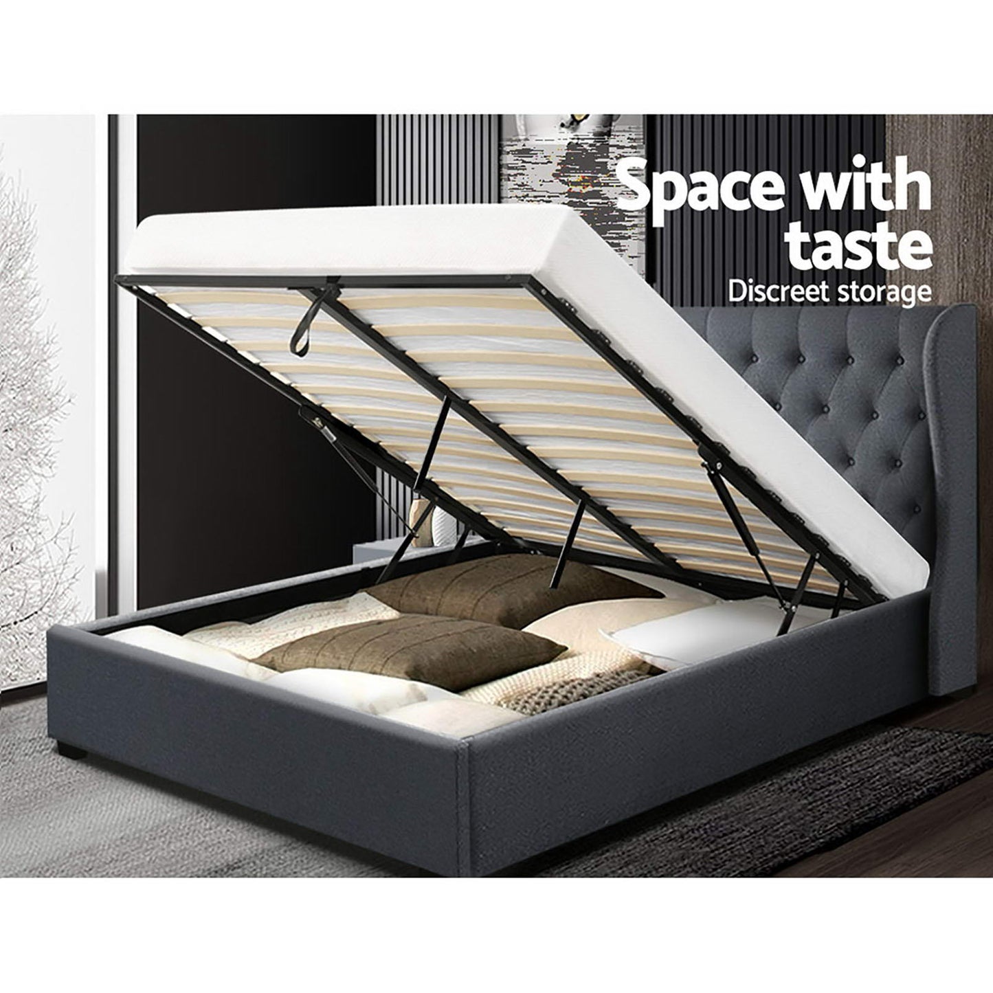 Artiss Issa Gas Lift Bed Frame Queen Charcoal with Storage 300kg