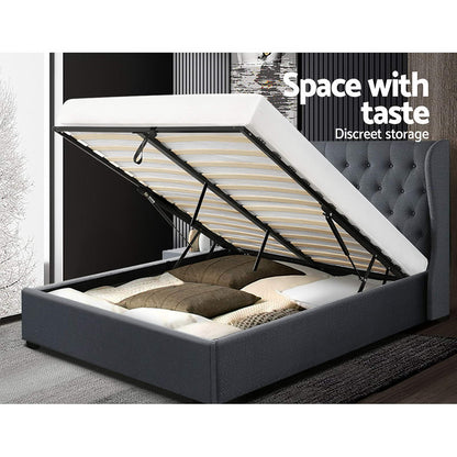 Artiss Issa Gas Lift Bed Frame Queen Charcoal with Storage 300kg