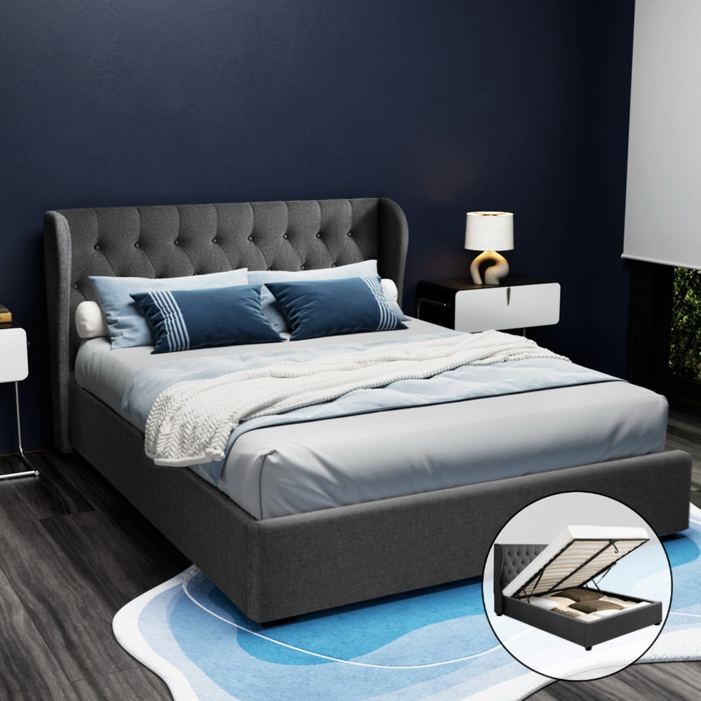Artiss Issa Gas Lift Bed Frame Queen Charcoal with Storage 300kg