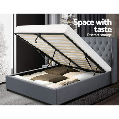 Artiss Issa Gas Lift Bed Frame Queen Grey with Storage 300kg