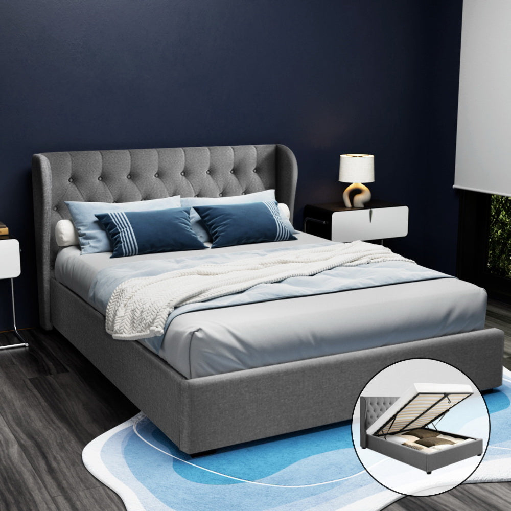 Artiss Issa Gas Lift Bed Frame Queen Grey with Storage 300kg
