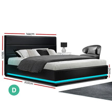 Black double bed frame with LED lighting, modern bedroom setting, size dimensions shown.