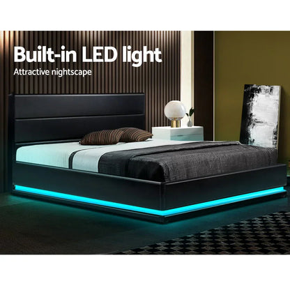 Modern black bed frame with built-in LED light, minimalist bedroom setting