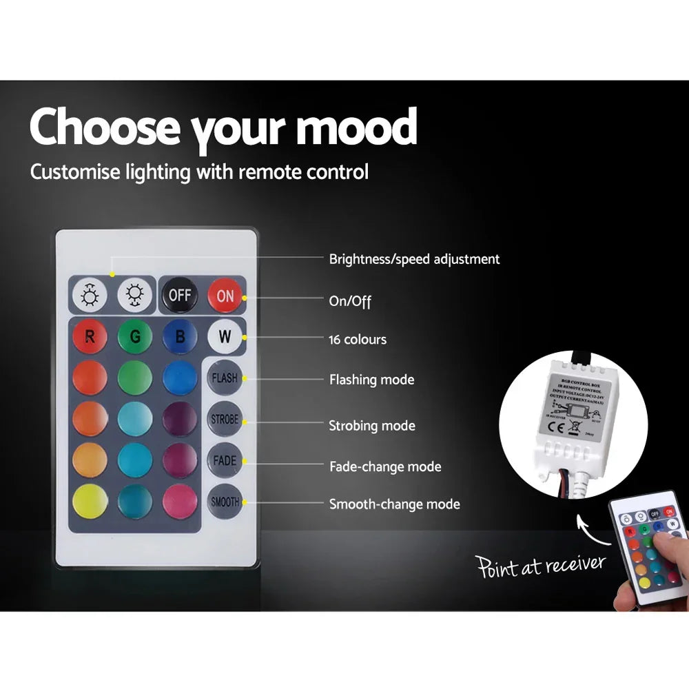 LED light remote control with color change buttons, brightness adjustment, and lighting modes.