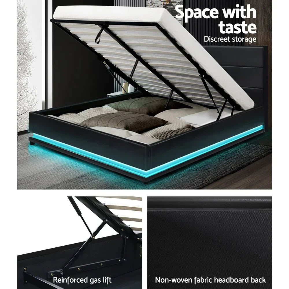 Modern black gas lift storage bed frame with LED lighting and fabric headboard, mattress lifted