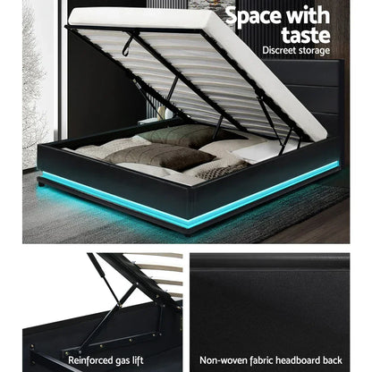 Modern black gas lift storage bed frame with LED lighting and fabric headboard, mattress lifted