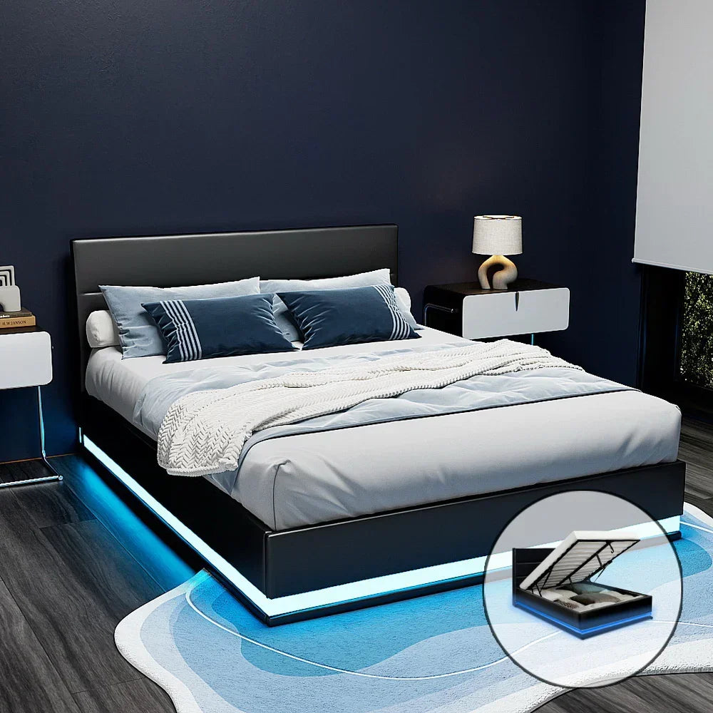 Modern black platform bed with LED lights and under-bed storage in a stylish bedroom