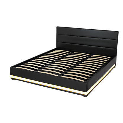 Artiss Lumi LED Gas Lift Bed Frame King Black with Storage 300kg