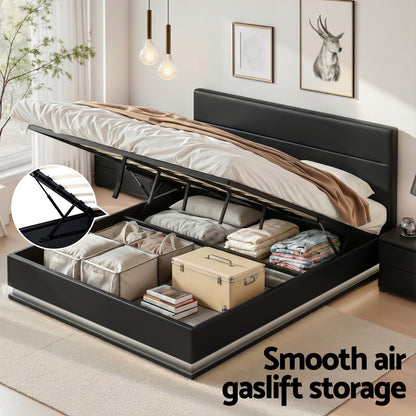 Artiss Lumi LED Gas Lift Bed Frame King Black with Storage 300kg