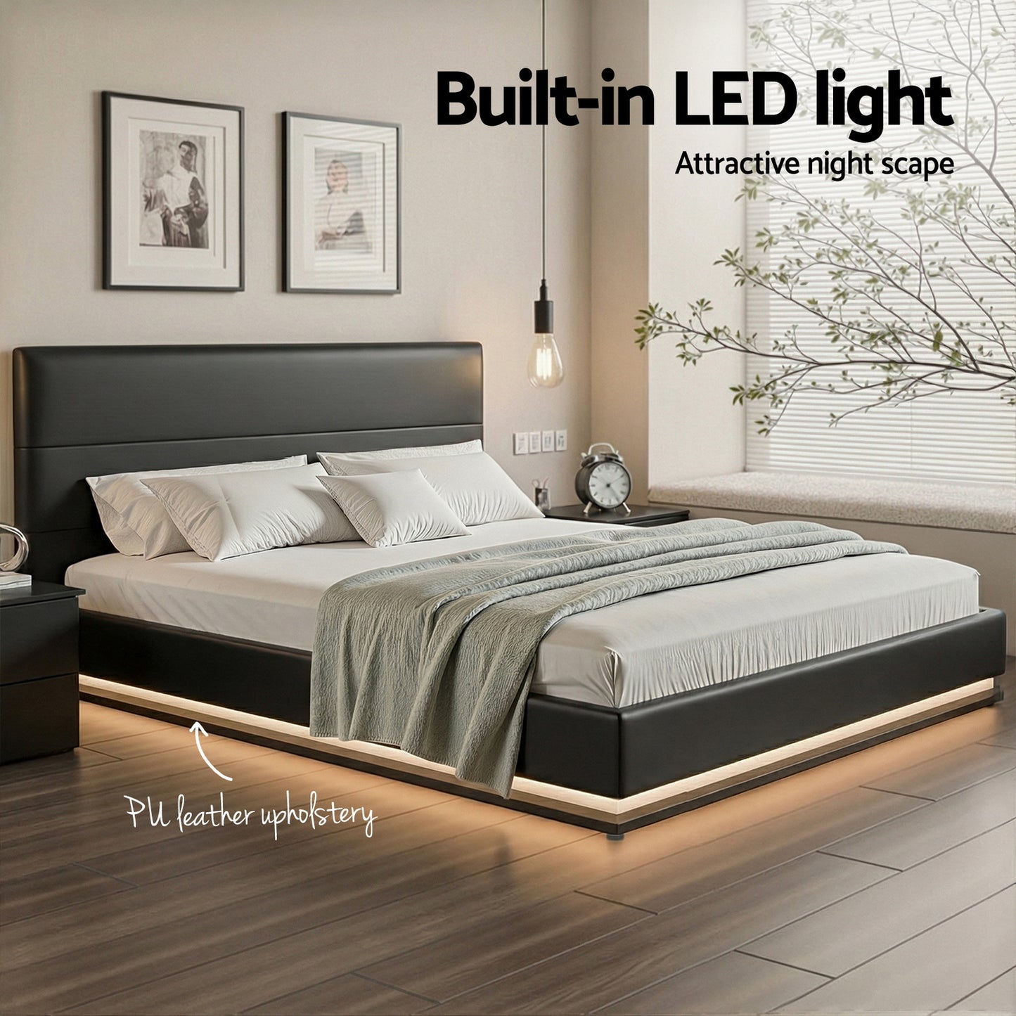 Artiss Lumi LED Gas Lift Bed Frame King Black with Storage 300kg