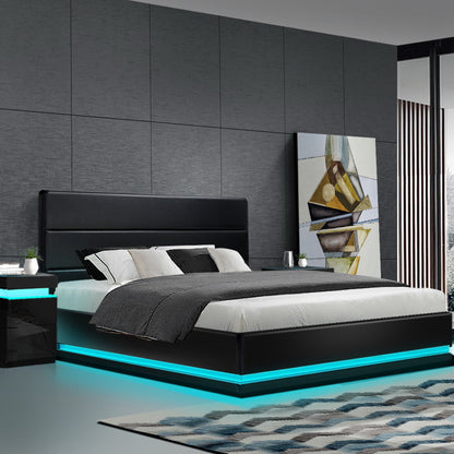 Artiss Lumi LED Gas Lift Bed Frame King Black with Storage 300kg
