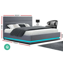 Modern grey queen bed frame with LED lighting, measurements and bedroom decor visible