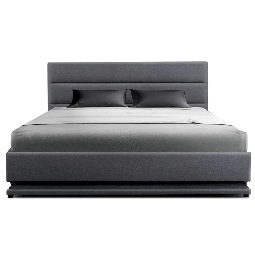 Modern grey fabric queen bed frame with headboard and low profile design