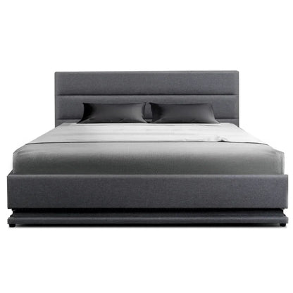 Modern grey fabric queen bed frame with headboard and low profile design