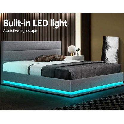 Modern grey bed frame with built-in blue LED lighting in a stylish bedroom setting