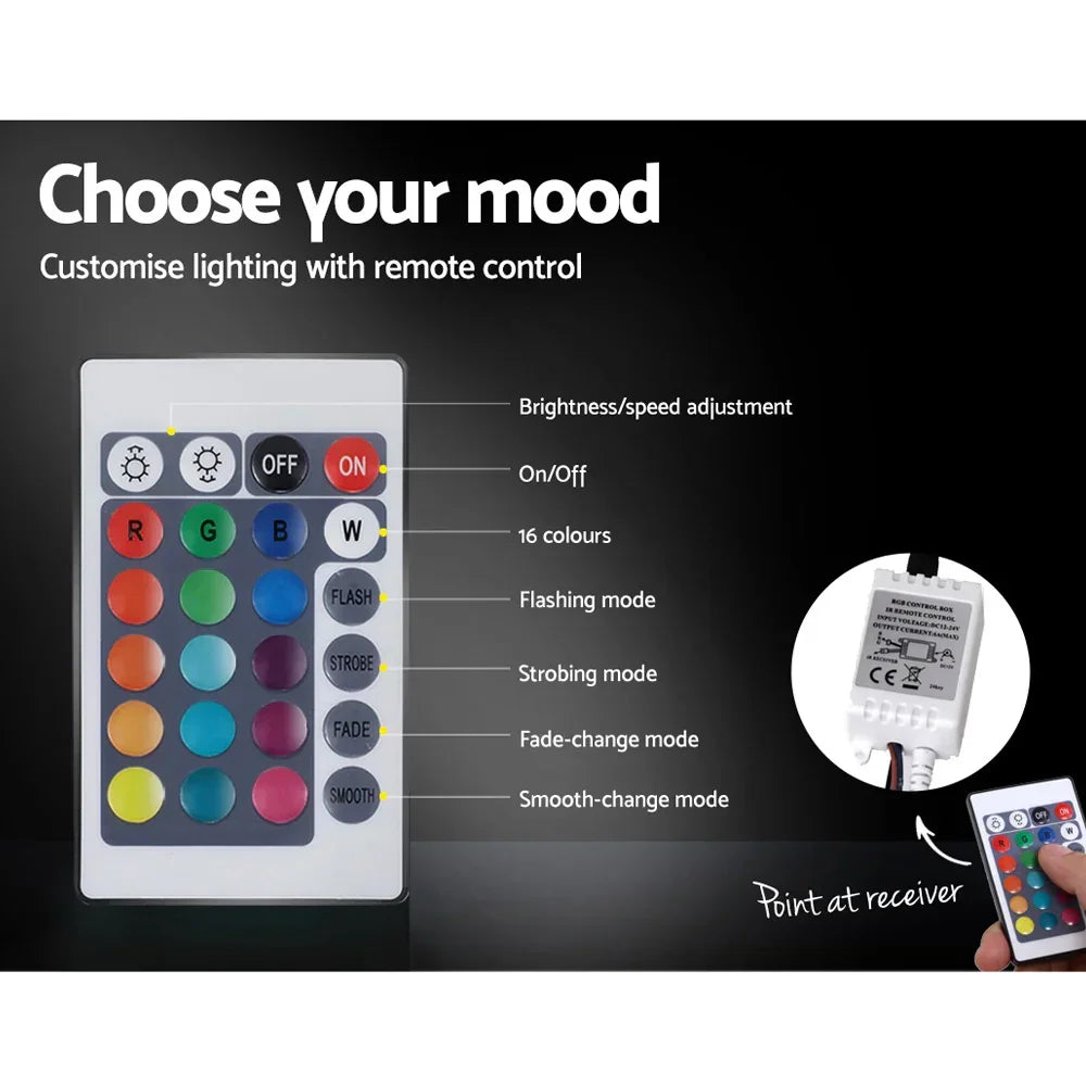 LED light remote control with 16 colors, brightness, and lighting mode options displayed.