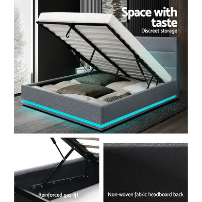 Modern grey gas lift storage bed frame with LED lighting, open to show discreet underbed storage.