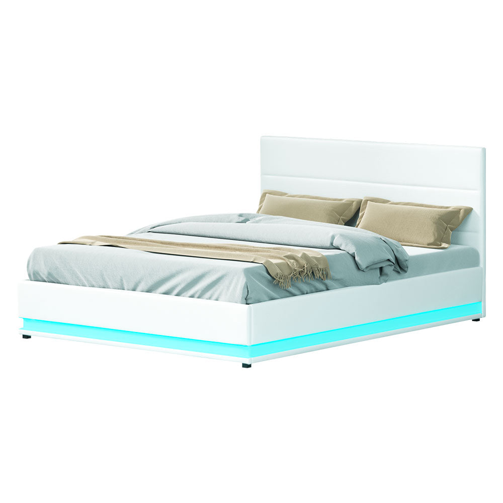 Artiss Lumi LED Gas Lift Bed Frame Queen White with Storage 300kg