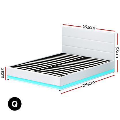 Artiss Lumi LED Gas Lift Bed Frame Queen White with Storage 300kg