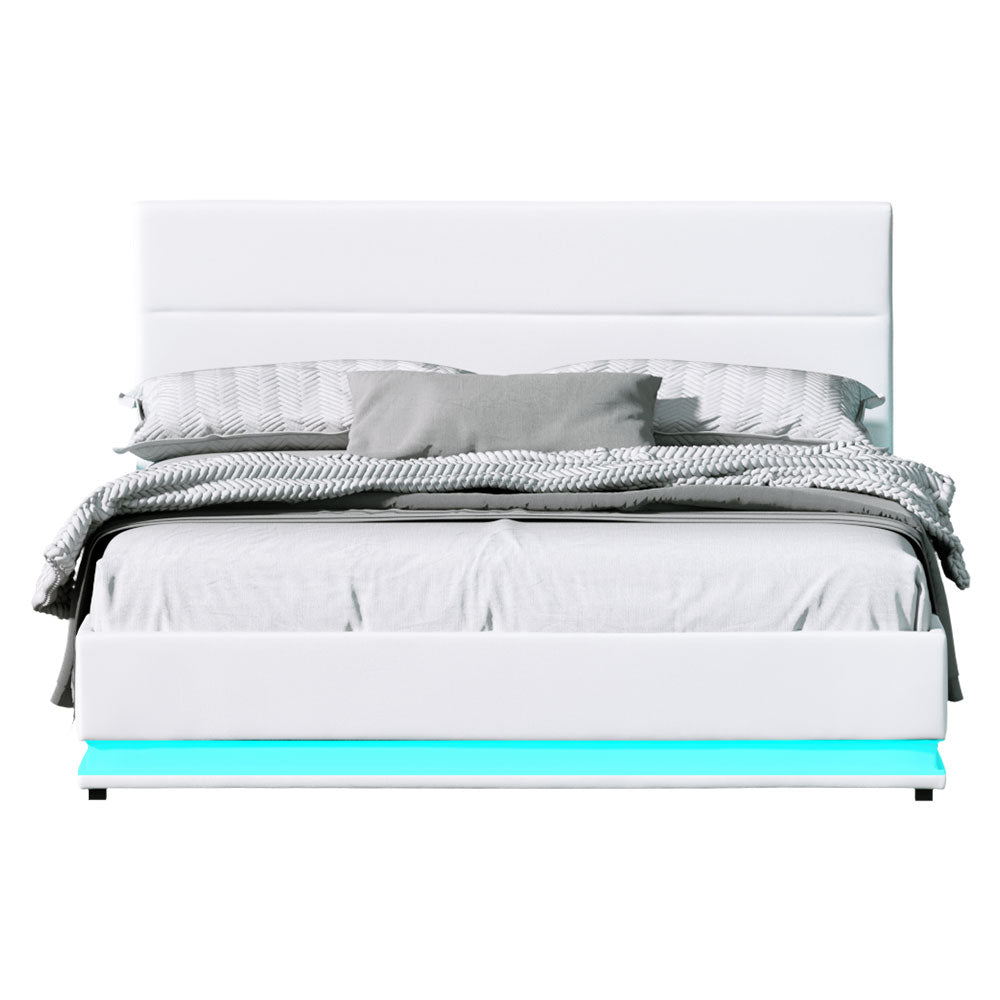 Artiss Lumi LED Gas Lift Bed Frame Queen White with Storage 300kg