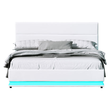 Artiss Lumi LED Gas Lift Bed Frame Queen White with Storage 300kg