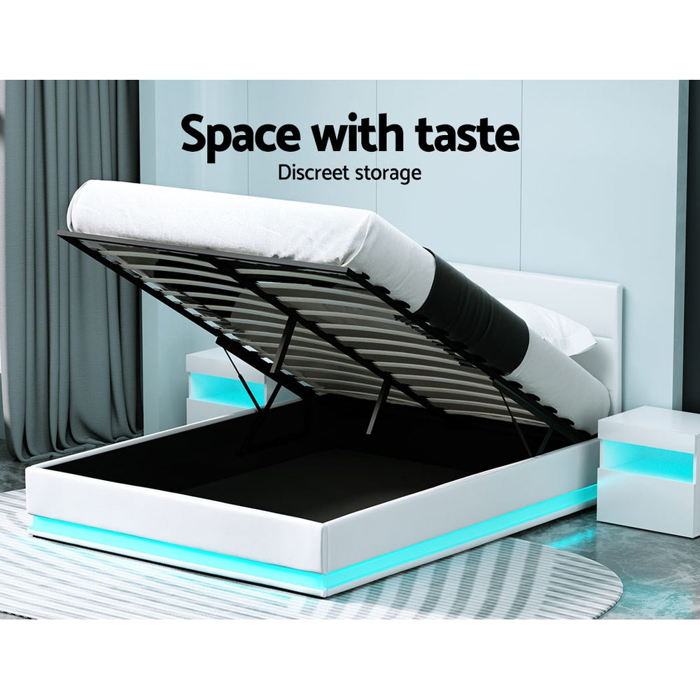 Artiss Lumi LED Gas Lift Bed Frame Queen White with Storage 300kg