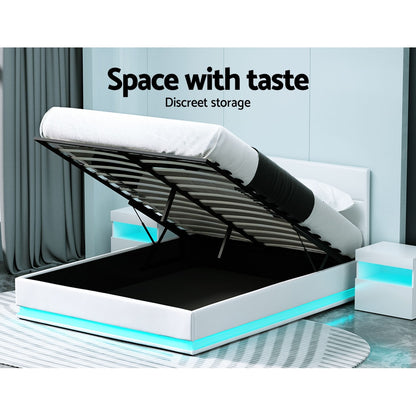 Artiss Lumi LED Gas Lift Bed Frame Queen White with Storage 300kg