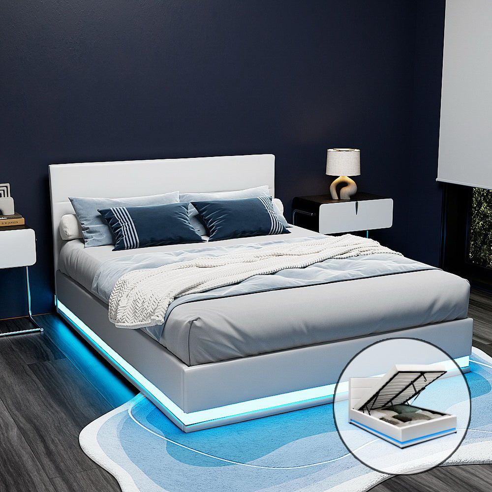 Artiss Lumi LED Gas Lift Bed Frame Queen White with Storage 300kg