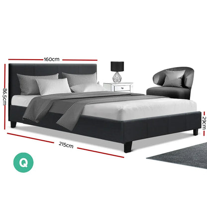 Modern queen bed frame in dark fabric with dimensions, next to nightstand and armchair