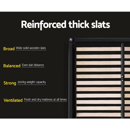 Reinforced bed frame with thick wooden slats and 300kg weight capacity highlights.
