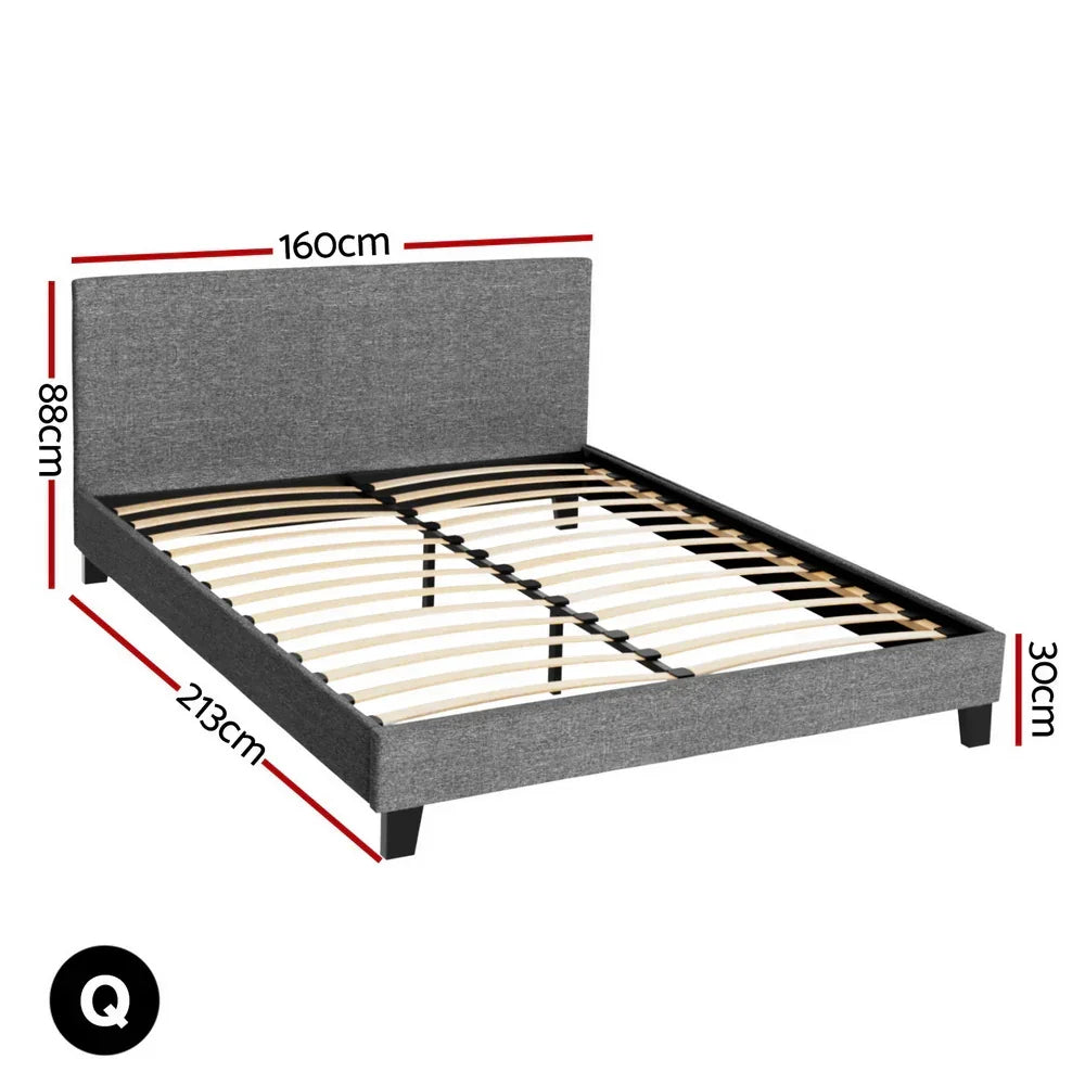 Grey queen size bed frame with headboard, wooden slats, and measurements shown