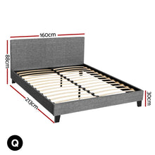 Grey queen size bed frame with headboard, wooden slats, and measurements shown