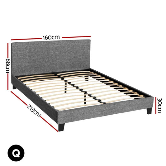 Grey queen size bed frame with headboard, wooden slats, and measurements shown