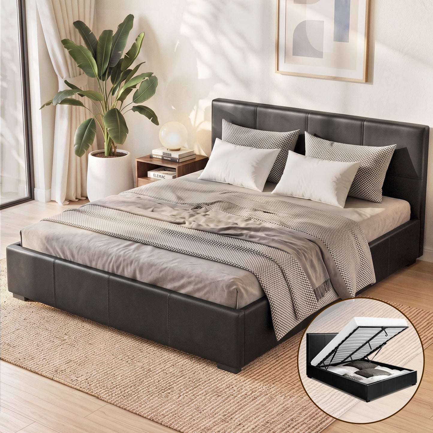 Artiss Nino Gas Lift Bed Frame Queen Black with Storage 300kg